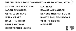 Book Community call to action: Jason Reynolds, Jaqueline Woodson, KWame Alexander, Christopher Myers, Renee Watson 